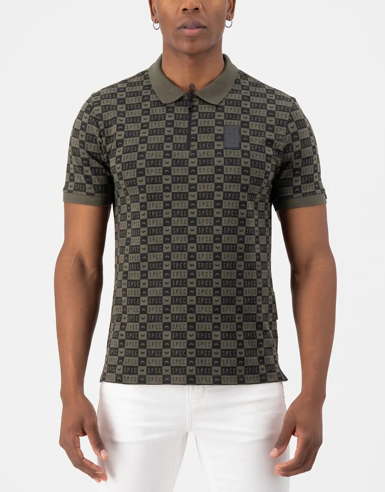 Front view of an SPCC Maro Fatigue Golfer polo shirt for men, featuring a fatigue green and black checkered pattern and
