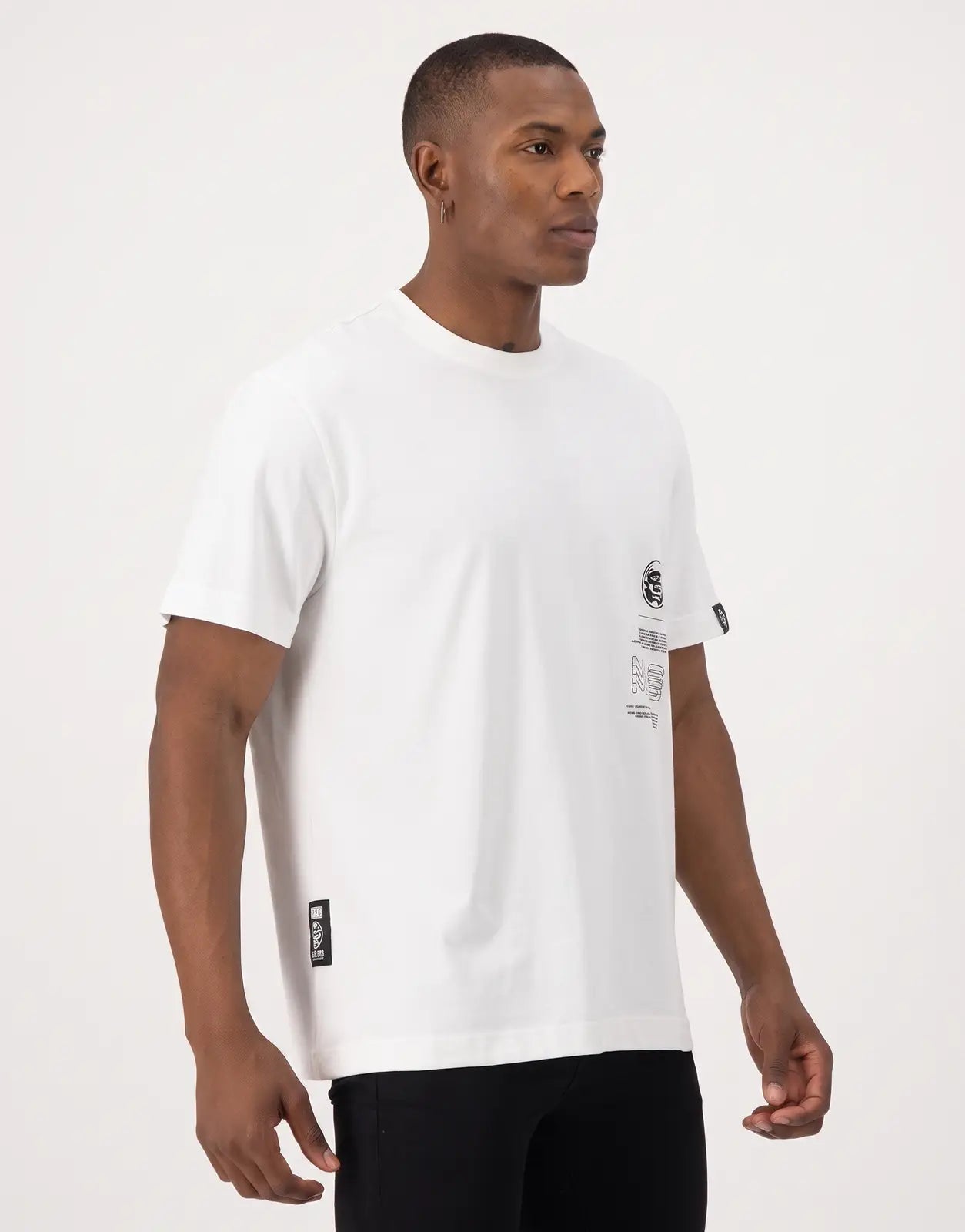 SPCC MDS Axel Off White T-Shirt for men, featuring a relaxed fit, round neck, and unique black graphic prints on the front.