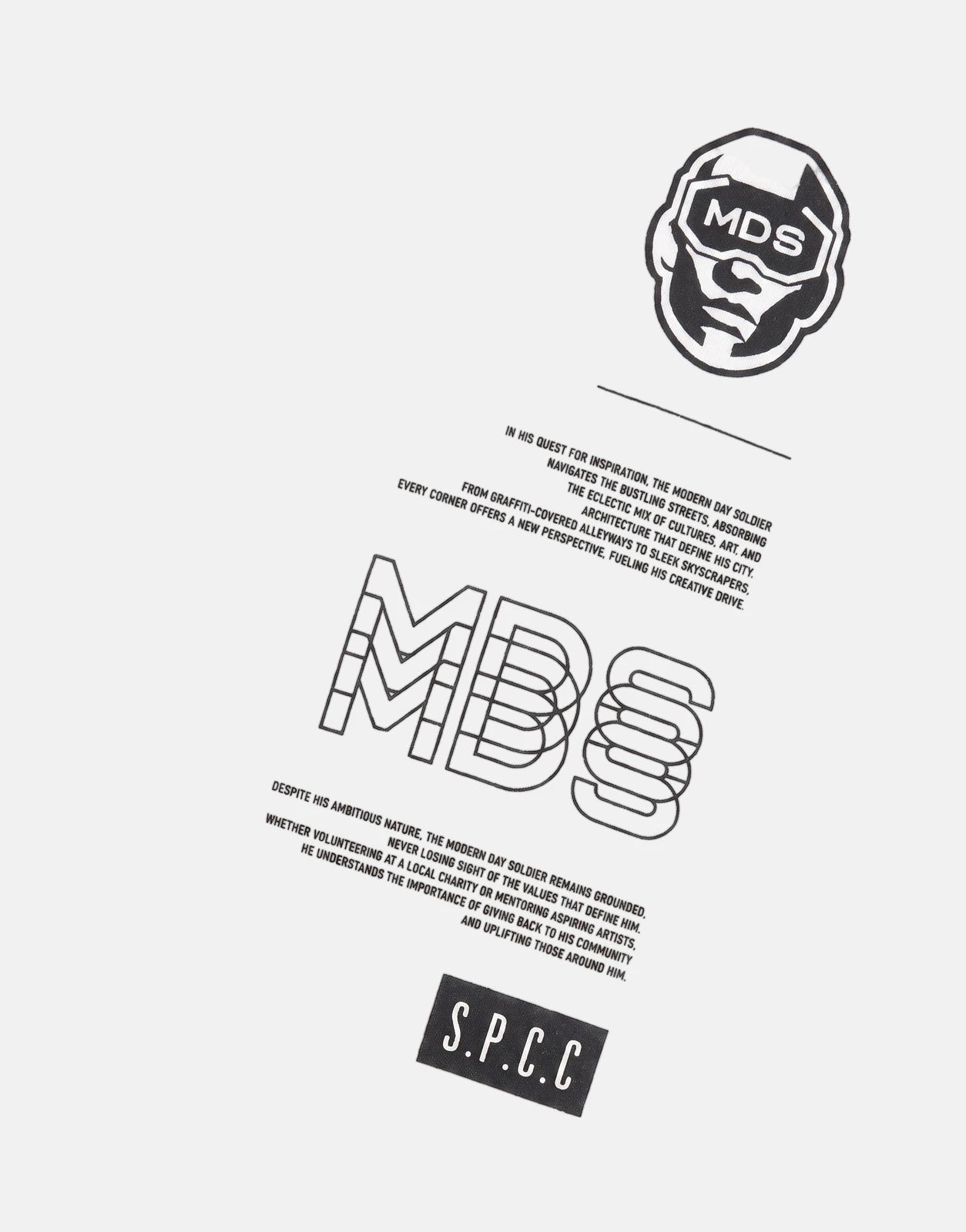 SPCC MDS Axel Off White T-Shirt with black graphic prints and text, flat lay view.