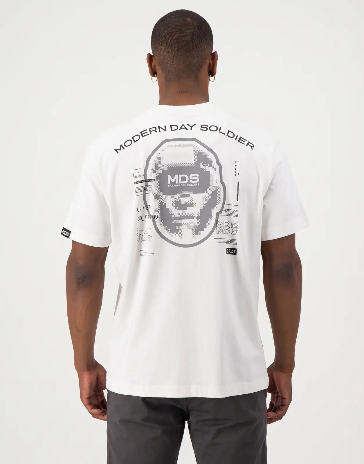 SPCC MDS Axel Off White T-Shirt for men, featuring a large pixelated graphic print and branding on the back.
