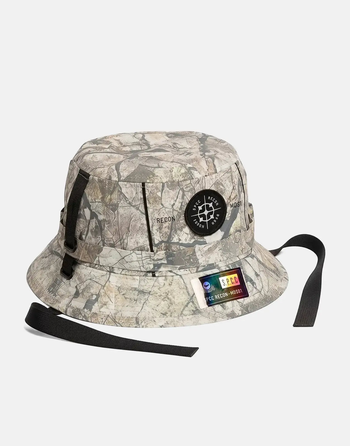 SPCC Recon Incognito bucket hat in a camouflage pattern with black straps and a round logo patch.