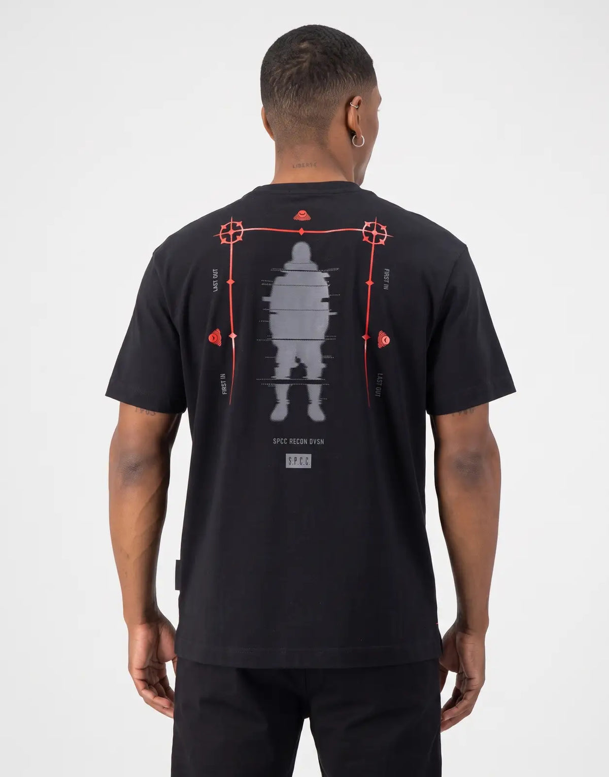SPCC Recon Overwatch black t-shirt for men, featuring a unique red and grey graphic print on the back and short sleeves.