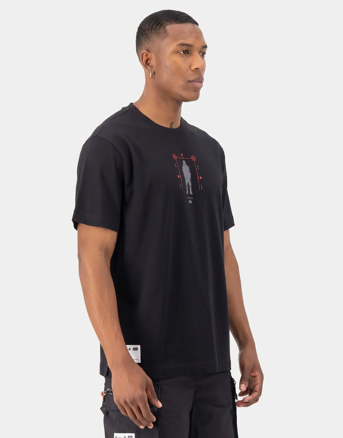 SPCC Recon Overwatch Black T-shirt for men, featuring a distinct grey and red graphic print on the front with a short-sleeve