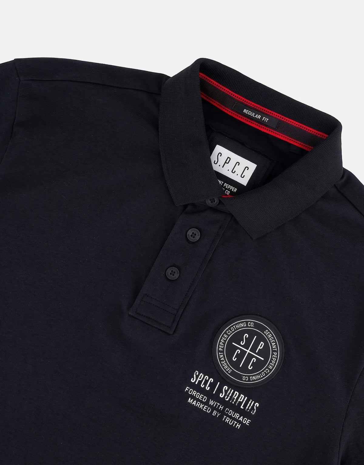 Black SPCC Roarke Golfer regular fit polo shirt made from cotton pique fabric, featuring a ribbed collar and brand logos.