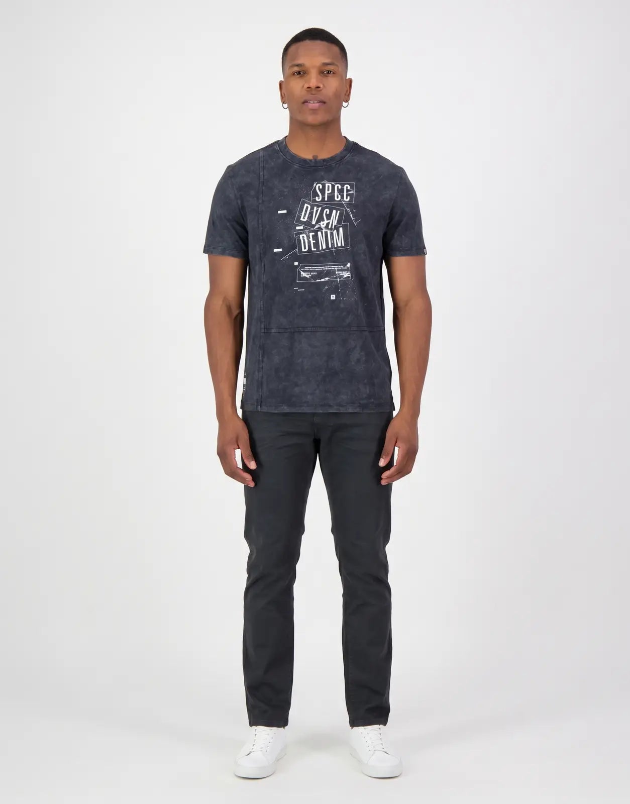 Black acid wash SPCC Victor T-Shirt for men, featuring a white 'SPCC DVSN DENIM' graphic print on the front and short