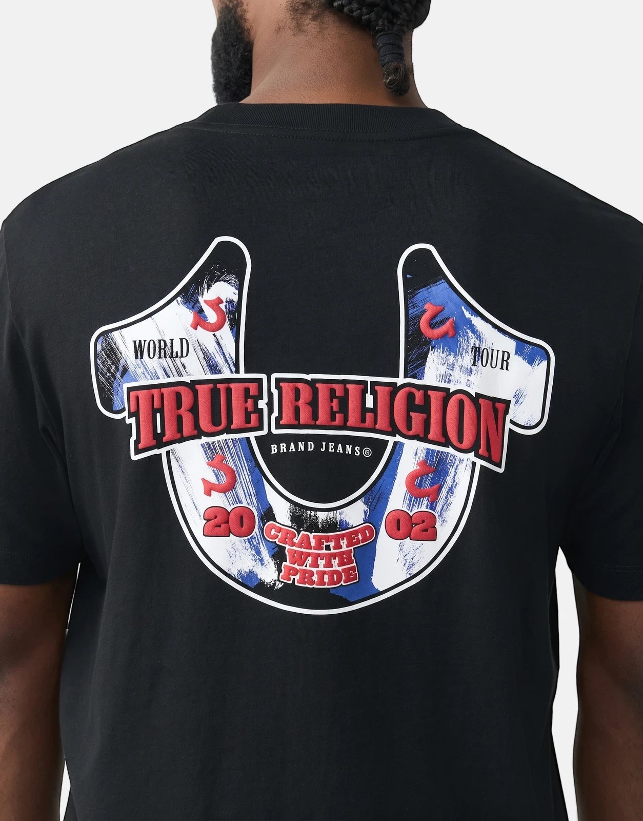 Black True Religion Abstract Denim T-Shirt for men, featuring a bold graphic print of the brand logo on the back.