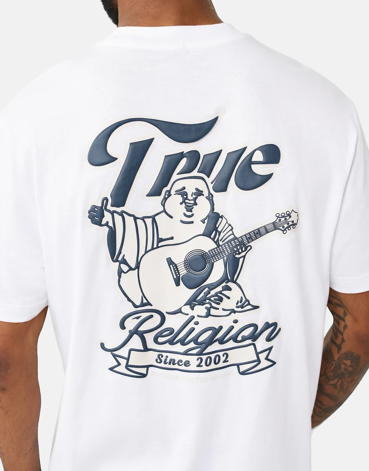 True Religion Super True T-Shirt. Back view of a white short-sleeve t-shirt featuring a dark blue True Religion Buddha