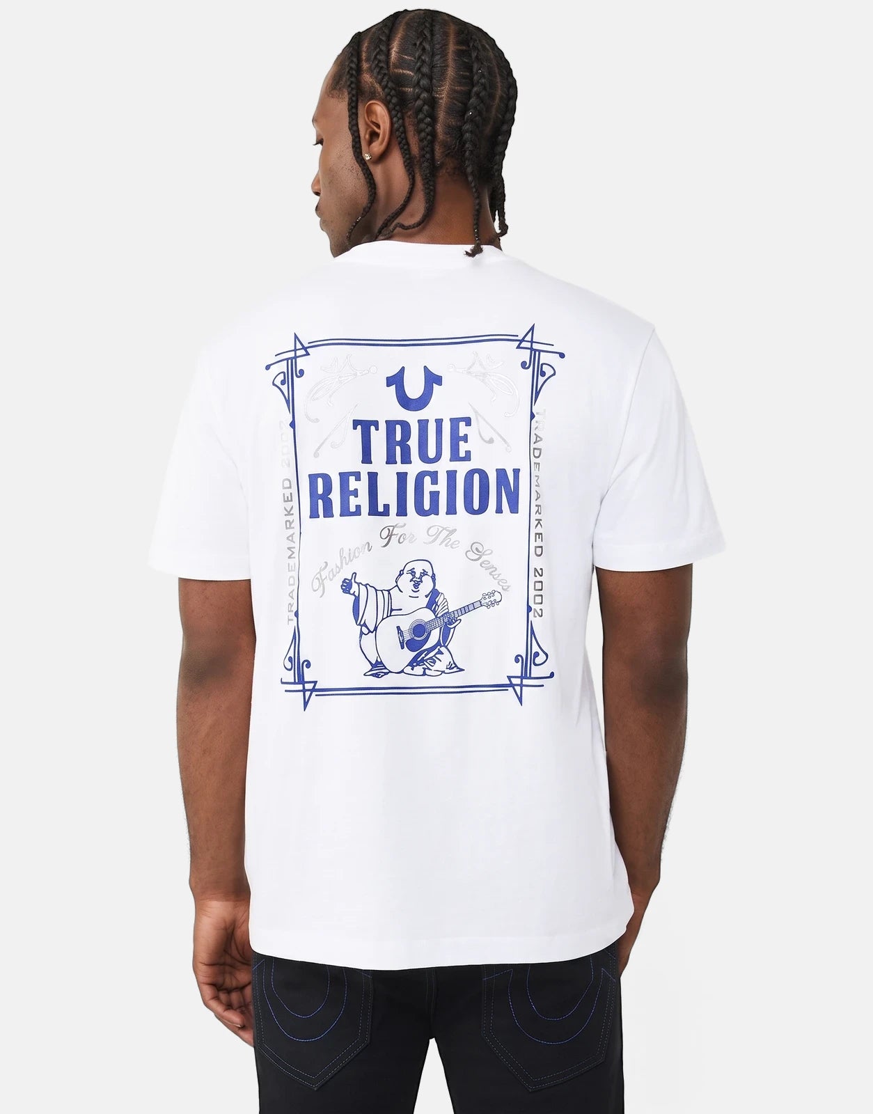 White True Religion TR Rect T-Shirt for men, featuring a bold blue graphic print of the brand logo and a Buddha playing