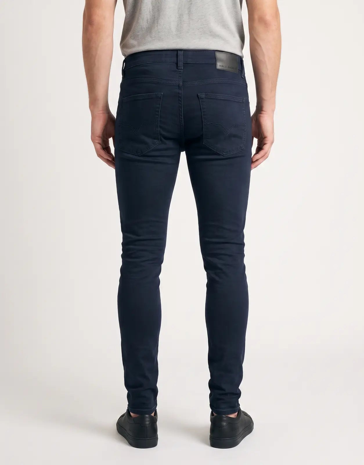 Vialli Gabbitti Sottle slim fit dark indigo jeans, back view showing rear pockets and navy stitching.