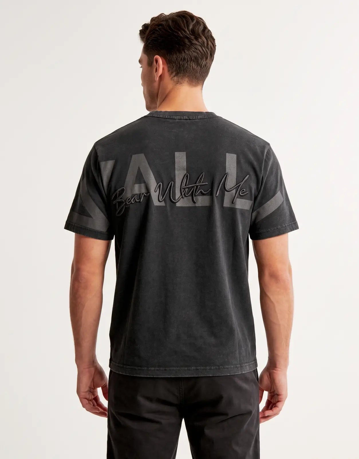 Vialli Natura Black T-Shirt with 'VALL Bear With Me' embossed graphic on the back, crafted from washed cotton.