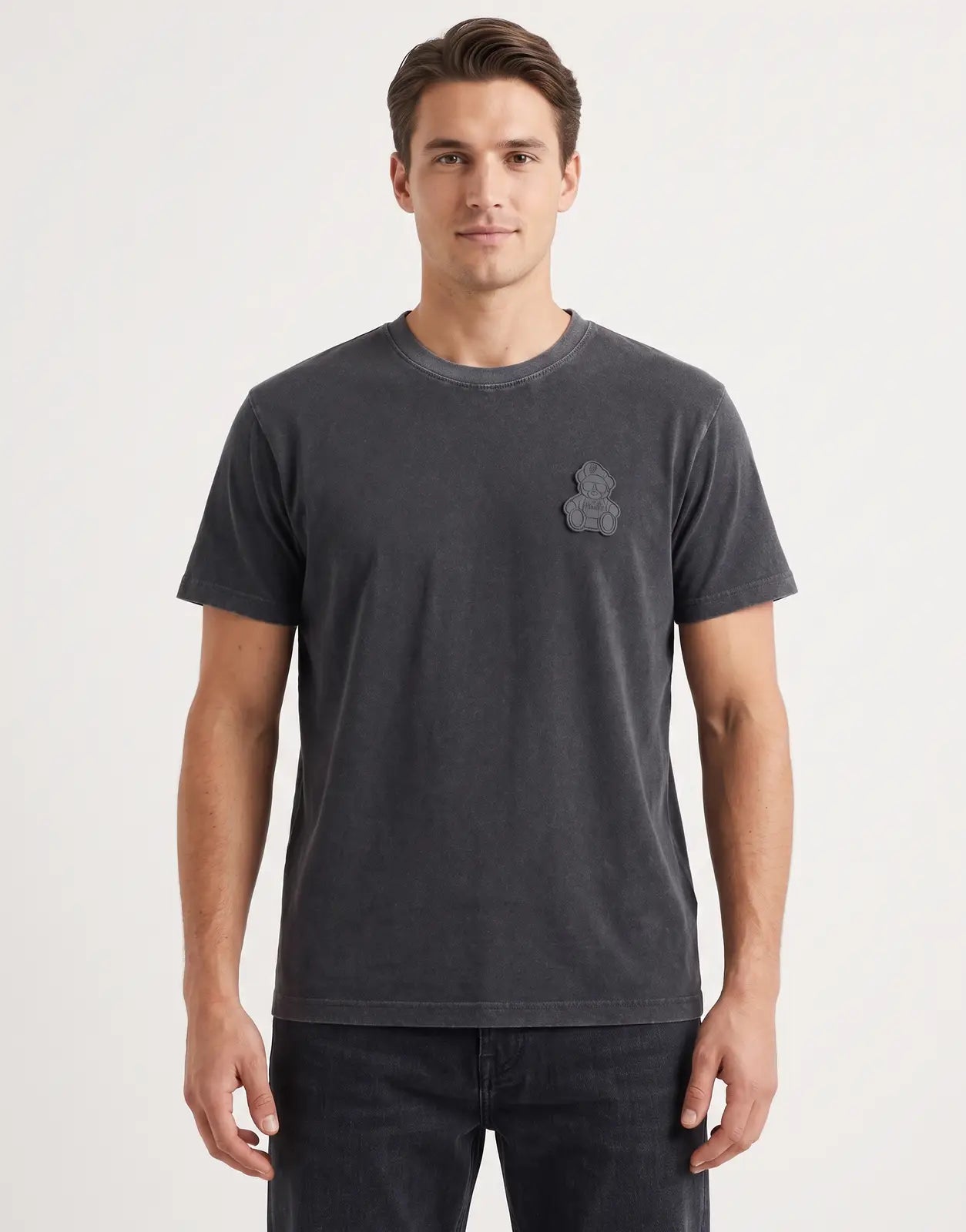 Vialli Natura Black T-shirt with a crew neck and short sleeves, featuring a subtle dark grey teddy bear patch on the chest.