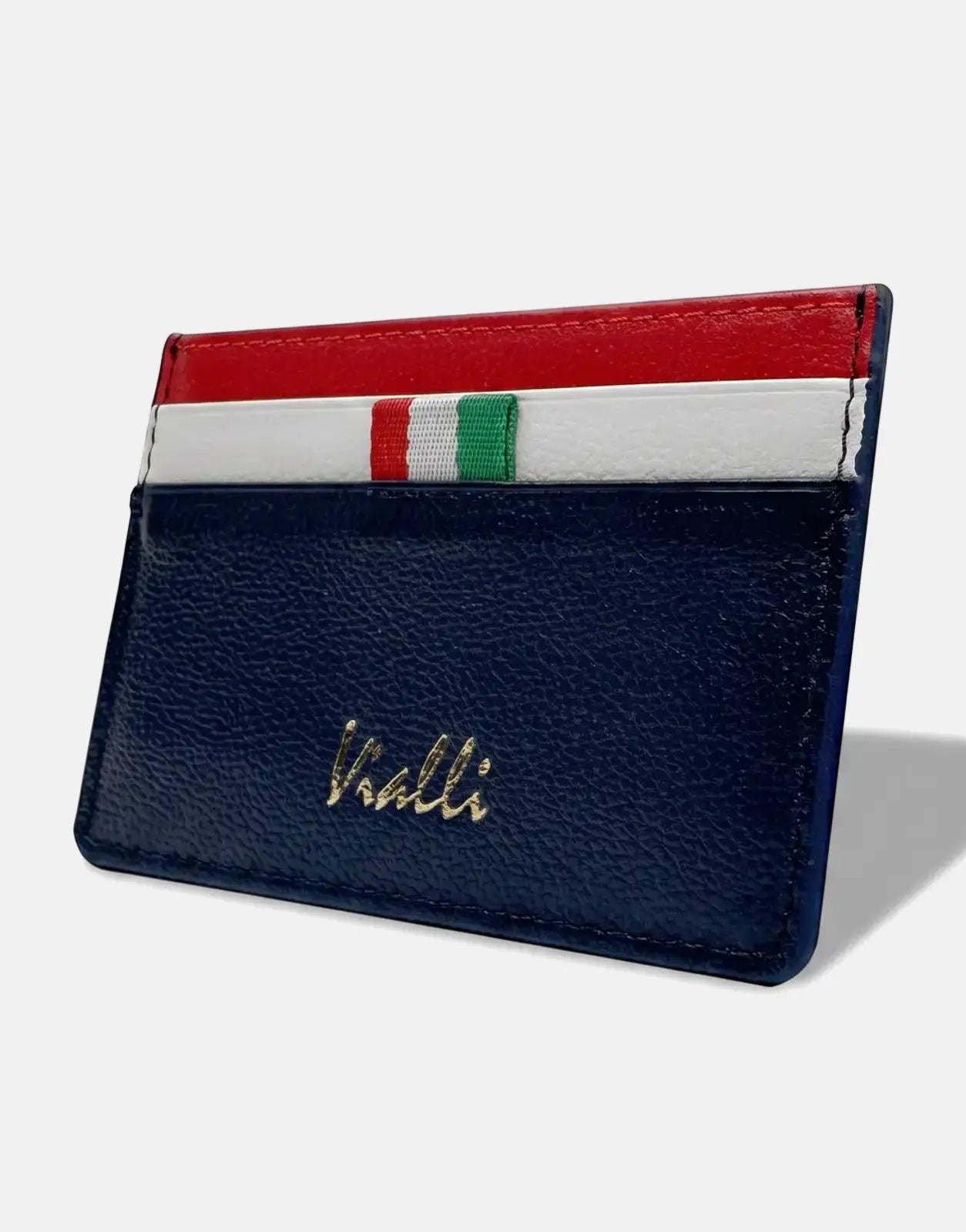 Vialli navy, white, and red leather card holder with multiple slots and embossed logo, angled view.