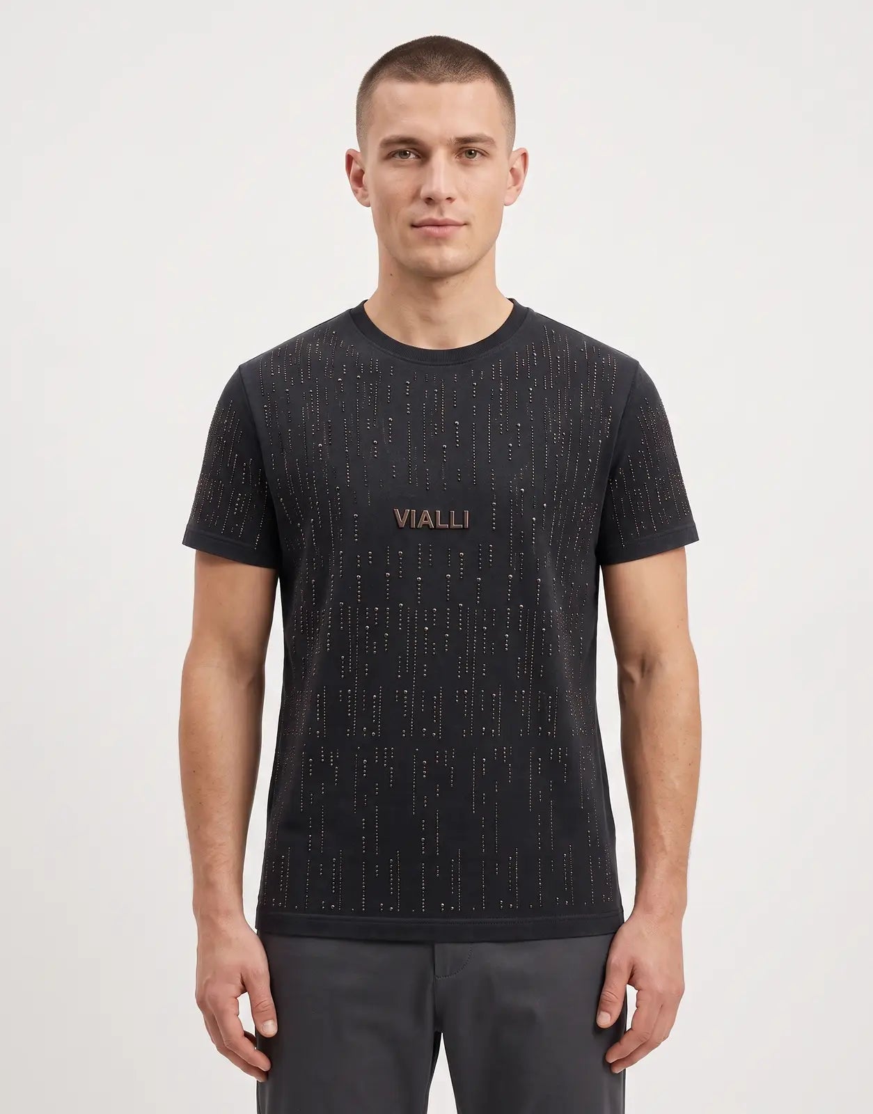 Vialli Nelly Black T-Shirt for men, featuring a round neck, short sleeves, and an intricate studded design on the front.
