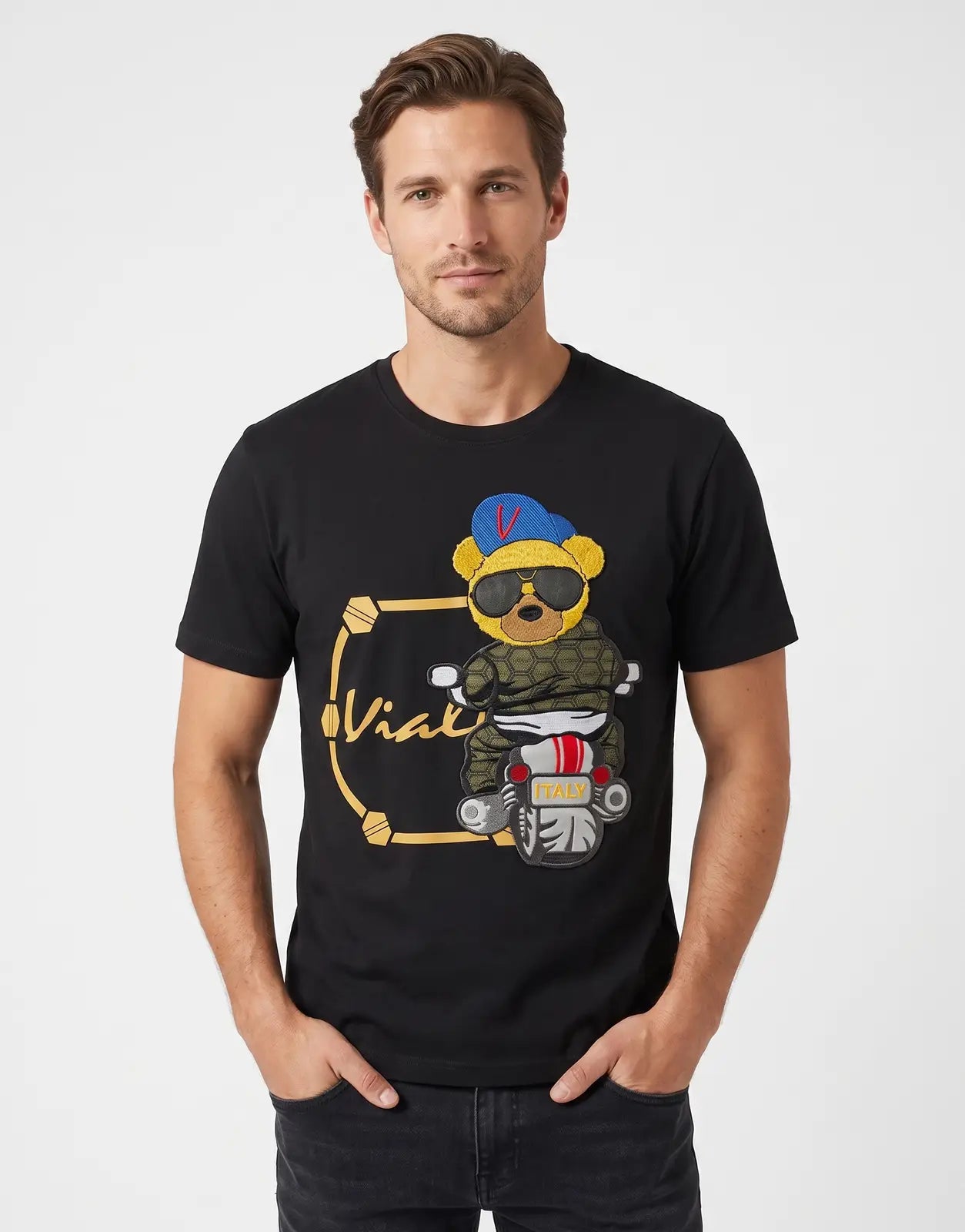 Vialli Novalty Black T-Shirt for men, featuring a detailed embroidered yellow teddy bear riding a motorcycle with 'Vialli'