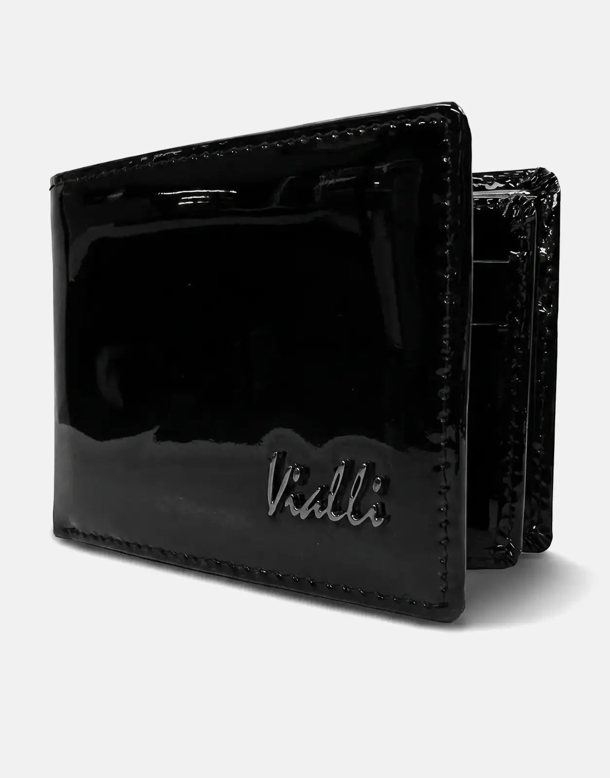 Vialli men's black patent leather tri-fold wallet, showcasing its sleek design and the embossed brand logo on the front.