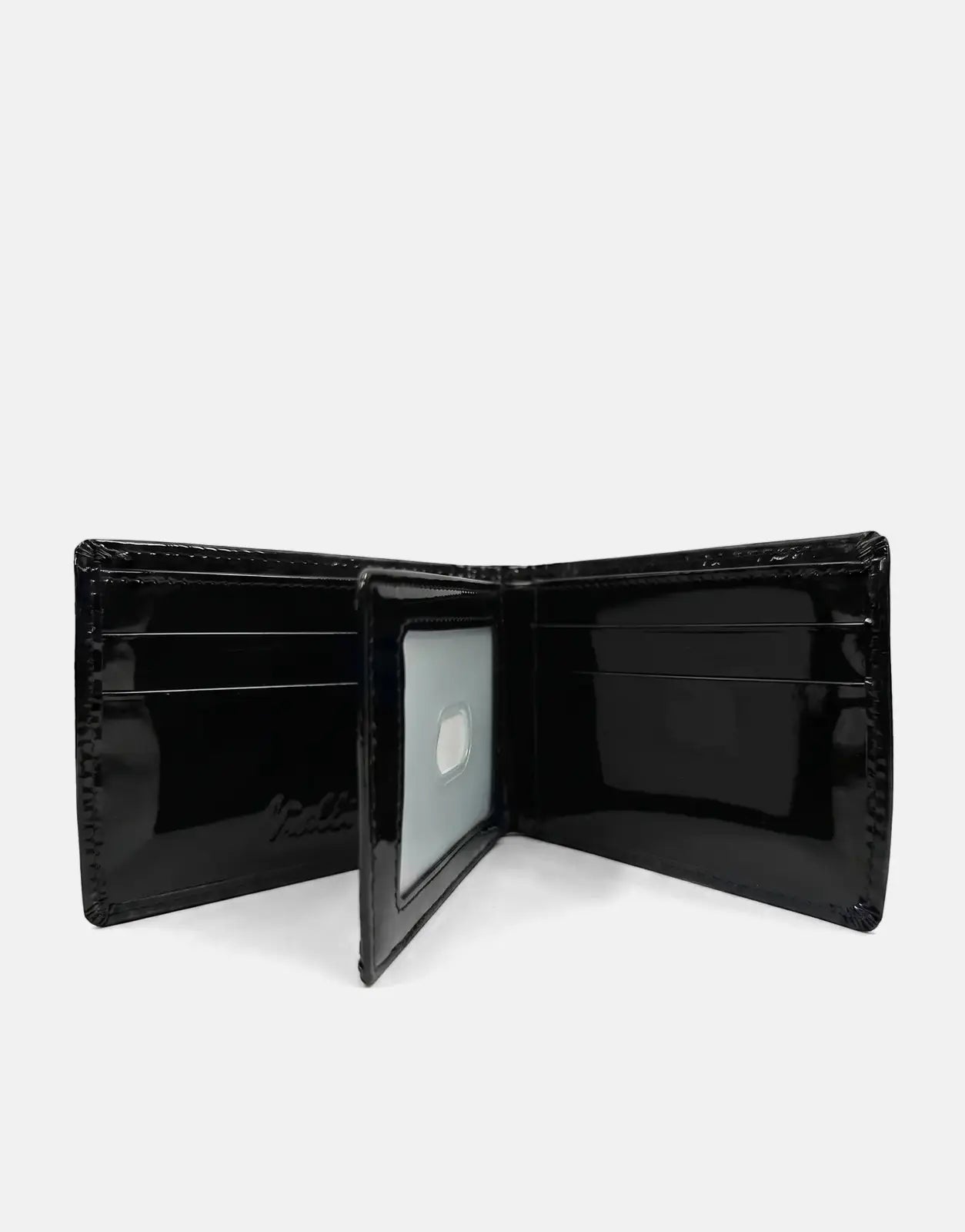 Open black patent leather Vialli bi-fold wallet, showcasing card slots and ID window against a white background.
