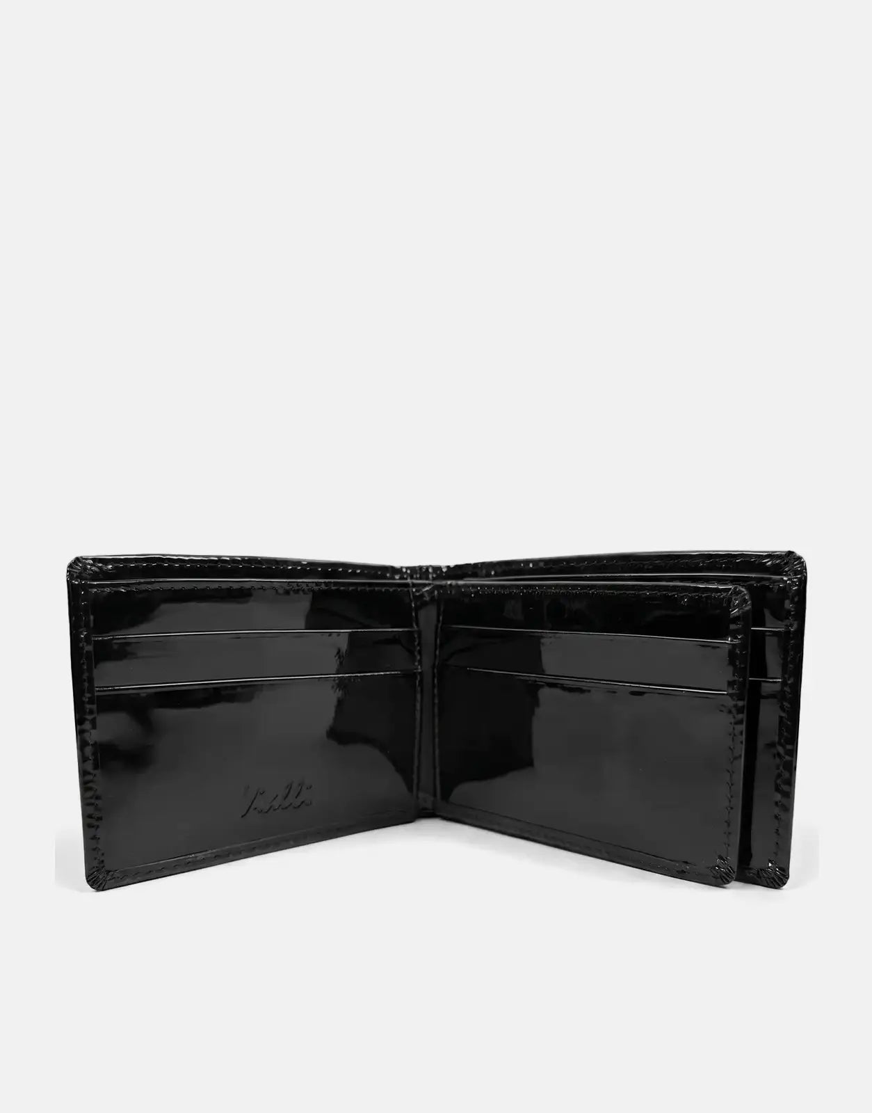 Open Vialli black patent leather tri-fold wallet showing multiple card slots and interior details.