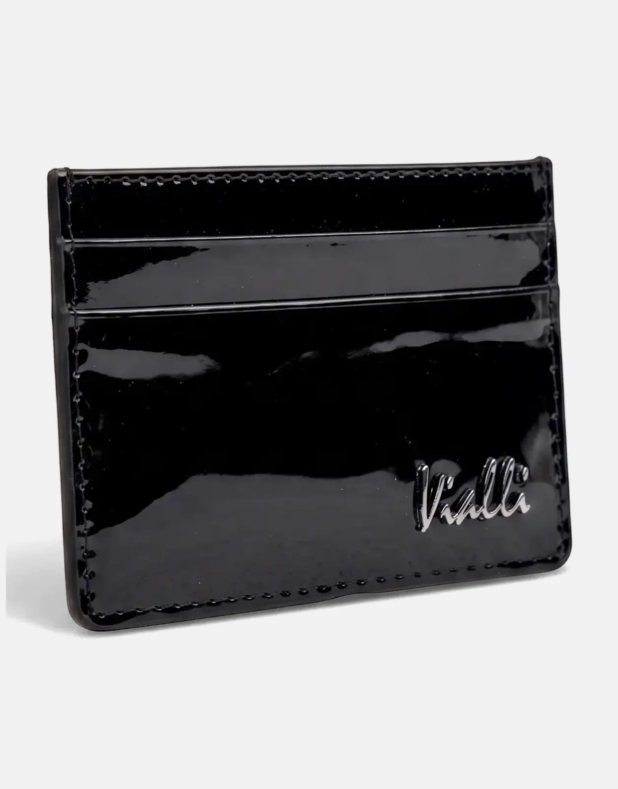 Black patent leather Vialli card holder, shown angled on a white surface, featuring multiple card slots and a glossy finish.