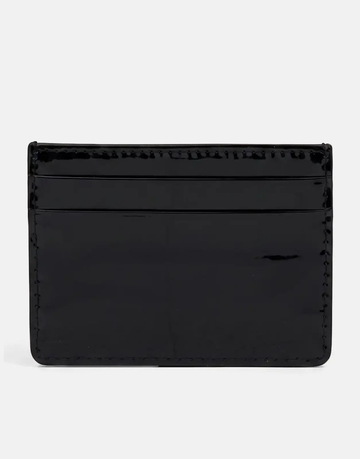 Vialli Patern black card holder made from shiny patent leather, featuring multiple card slots, shot front on.