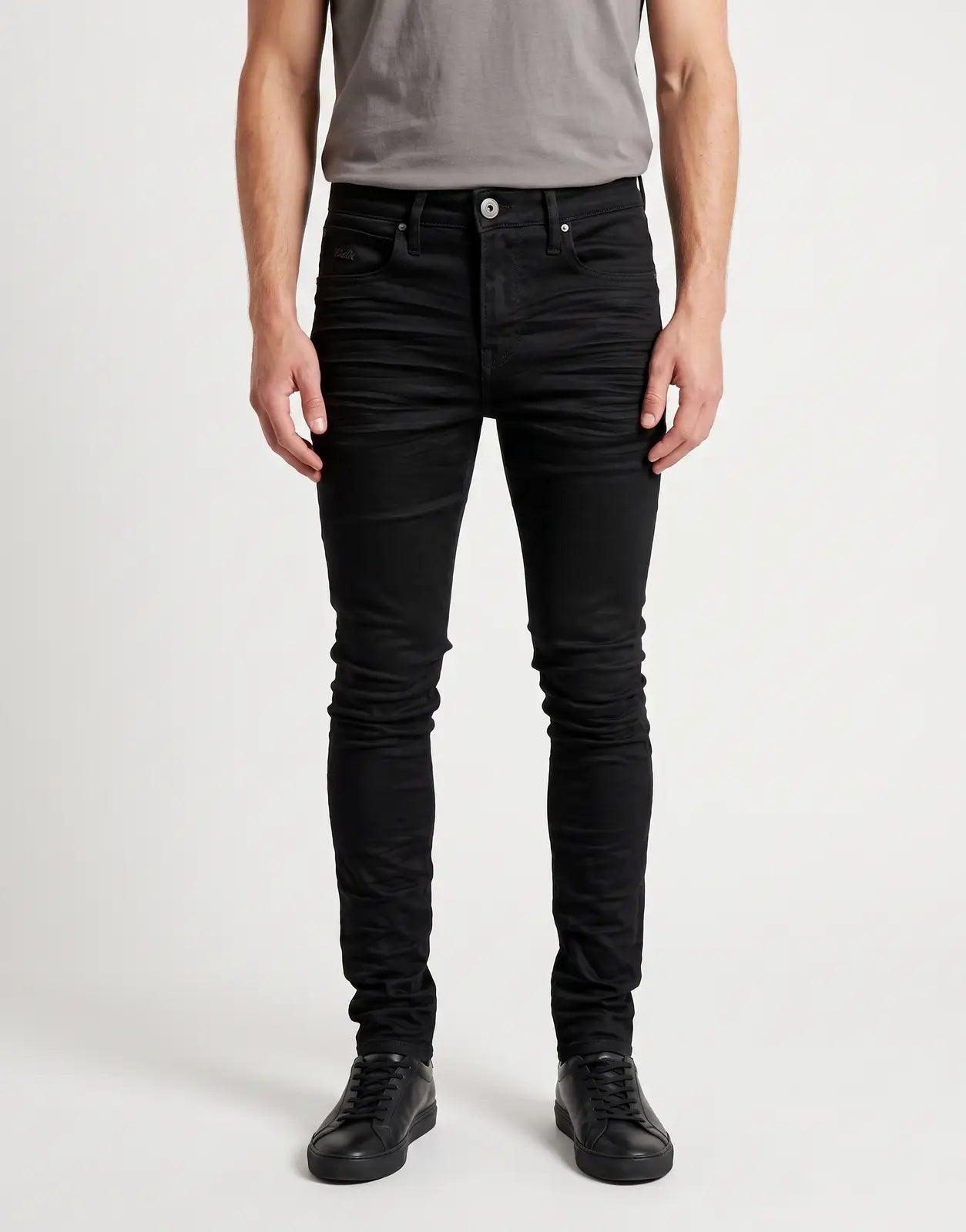 Vialli Rano Sottle Wash black jeans for men, featuring a distinct crinkled texture and slim fit.