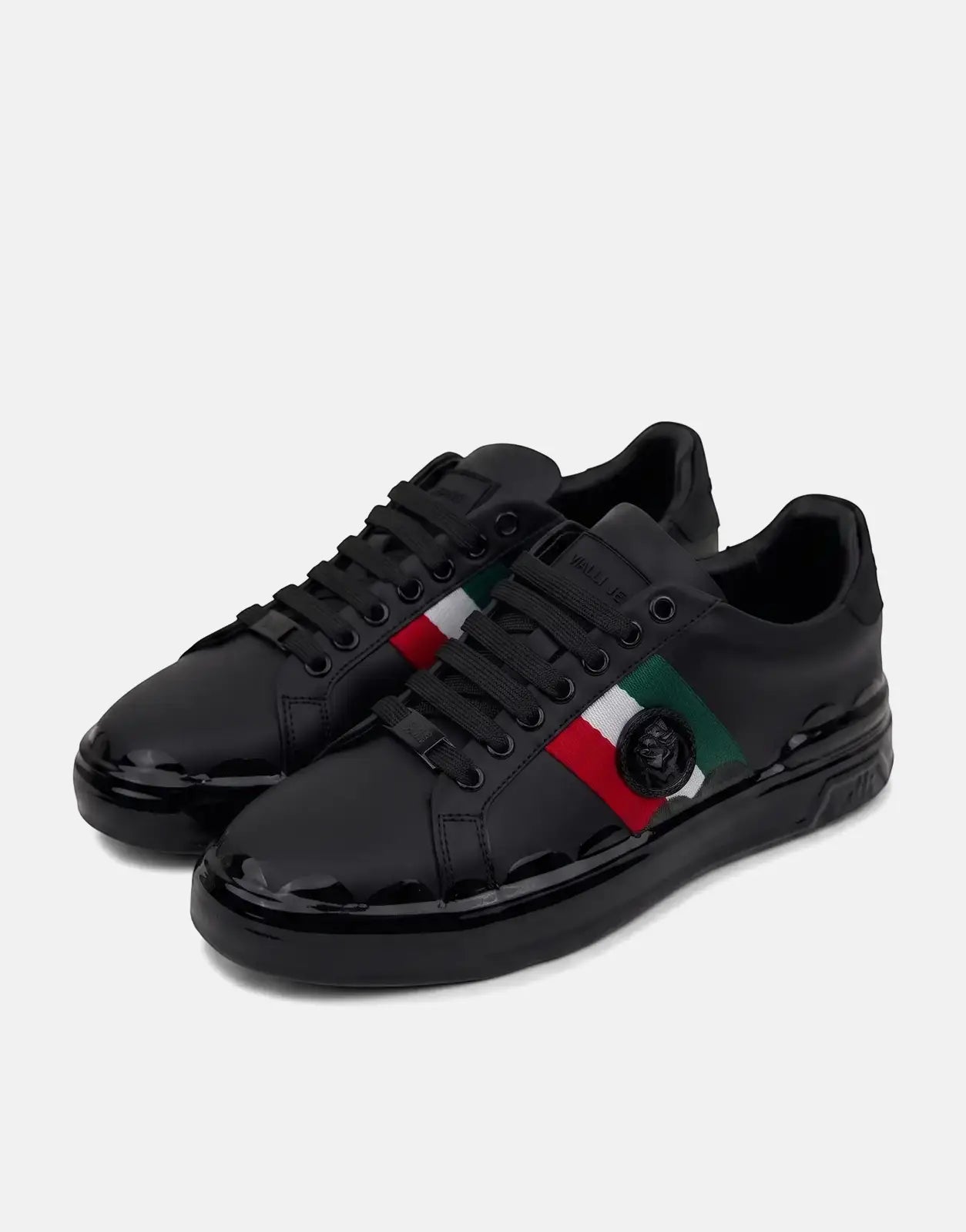 A pair of Vialli Rubai low-top sneakers in black, featuring red, white, and green side stripes and shiny patent accents.