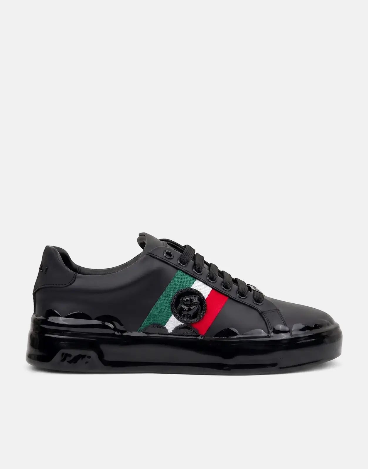 Black patent leather Vialli Rubai sneakers with green, white, and red side stripes and a prominent lion emblem.