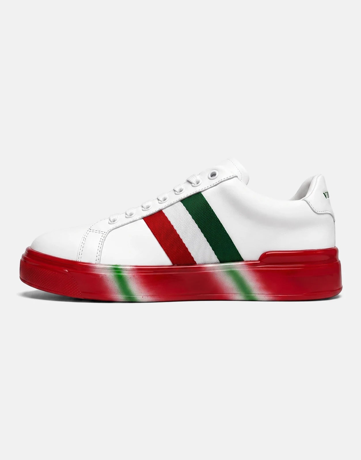 Vialli Rubai White Multi Sneakers with red, white, and green stripes and a unique gradient outsole, viewed from the side.