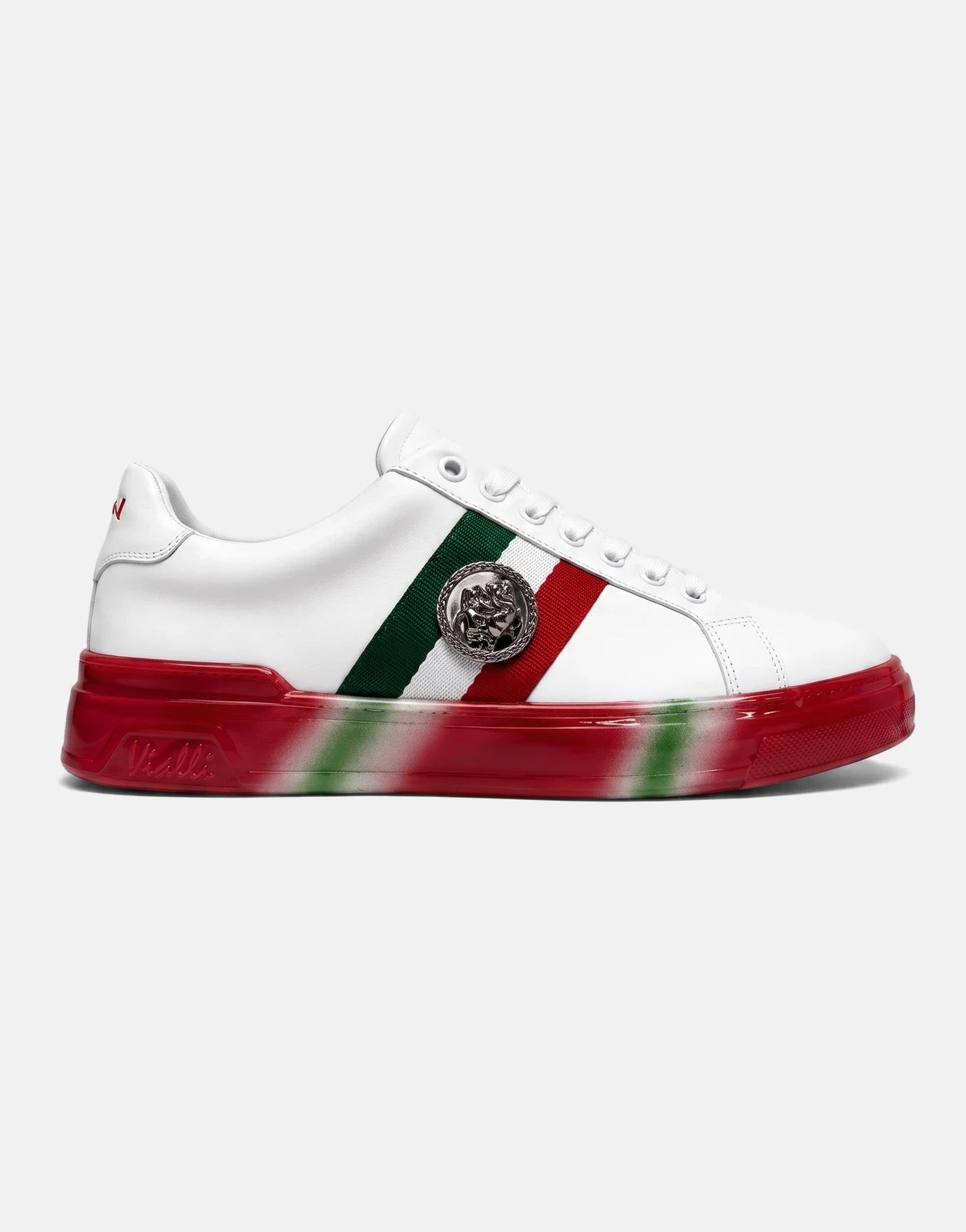 Side profile of a Vialli Rubai White Multi Sneakers with red and green stripes, silver lion medallion, and a gradient sole.