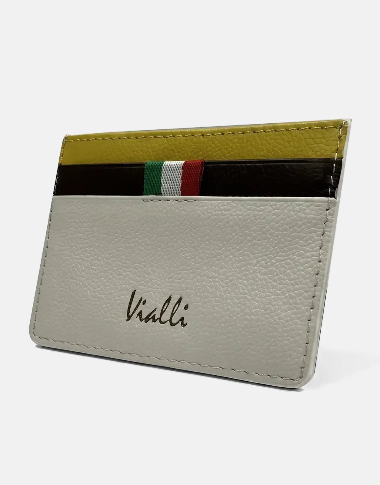 Vialli white, brown, and yellow leather card holder with multiple slots and an Italian flag stripe accent.