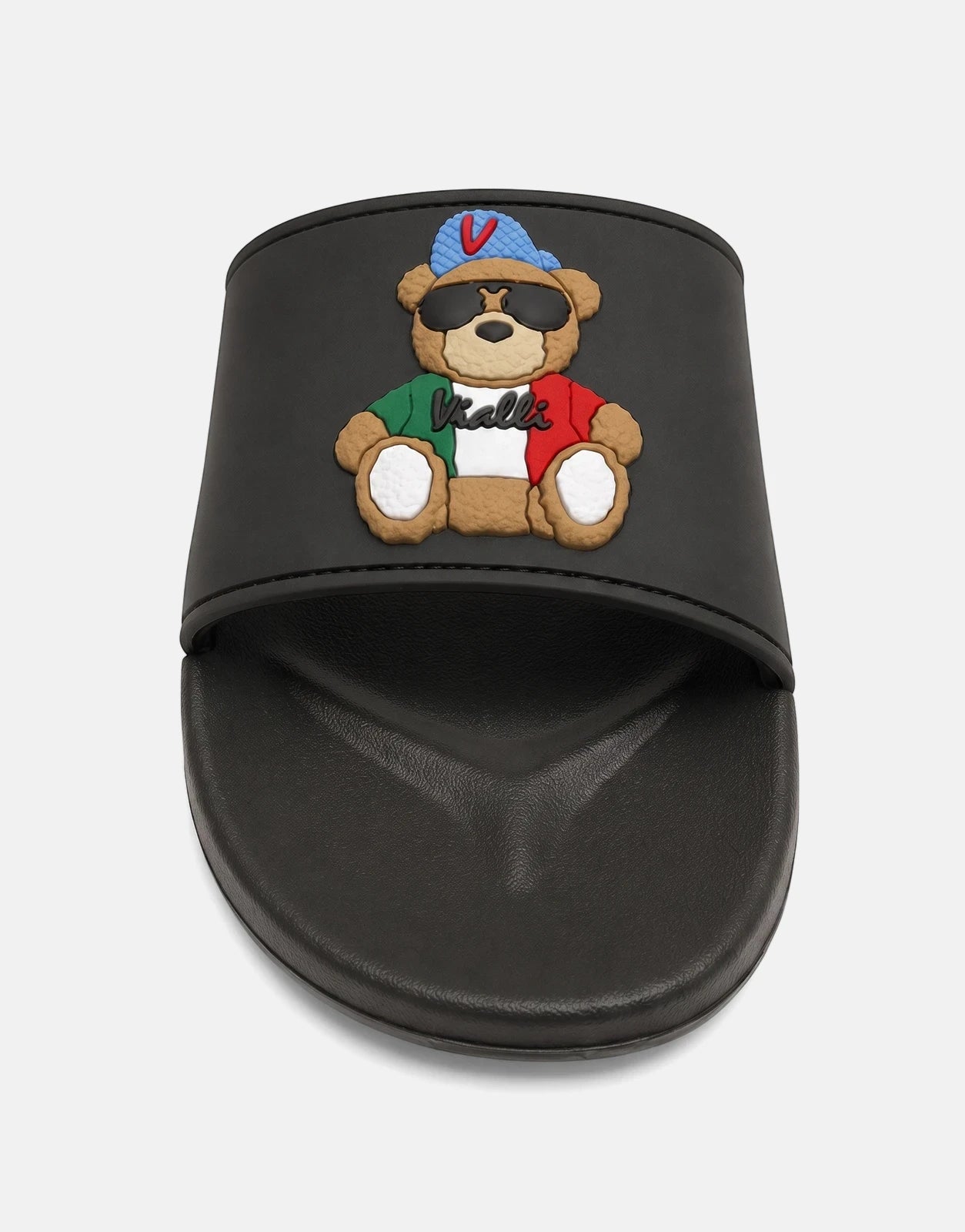 Vialli Yogi black men's slide sandal featuring a unique teddy bear embellishment with sunglasses and an Italian flag design.