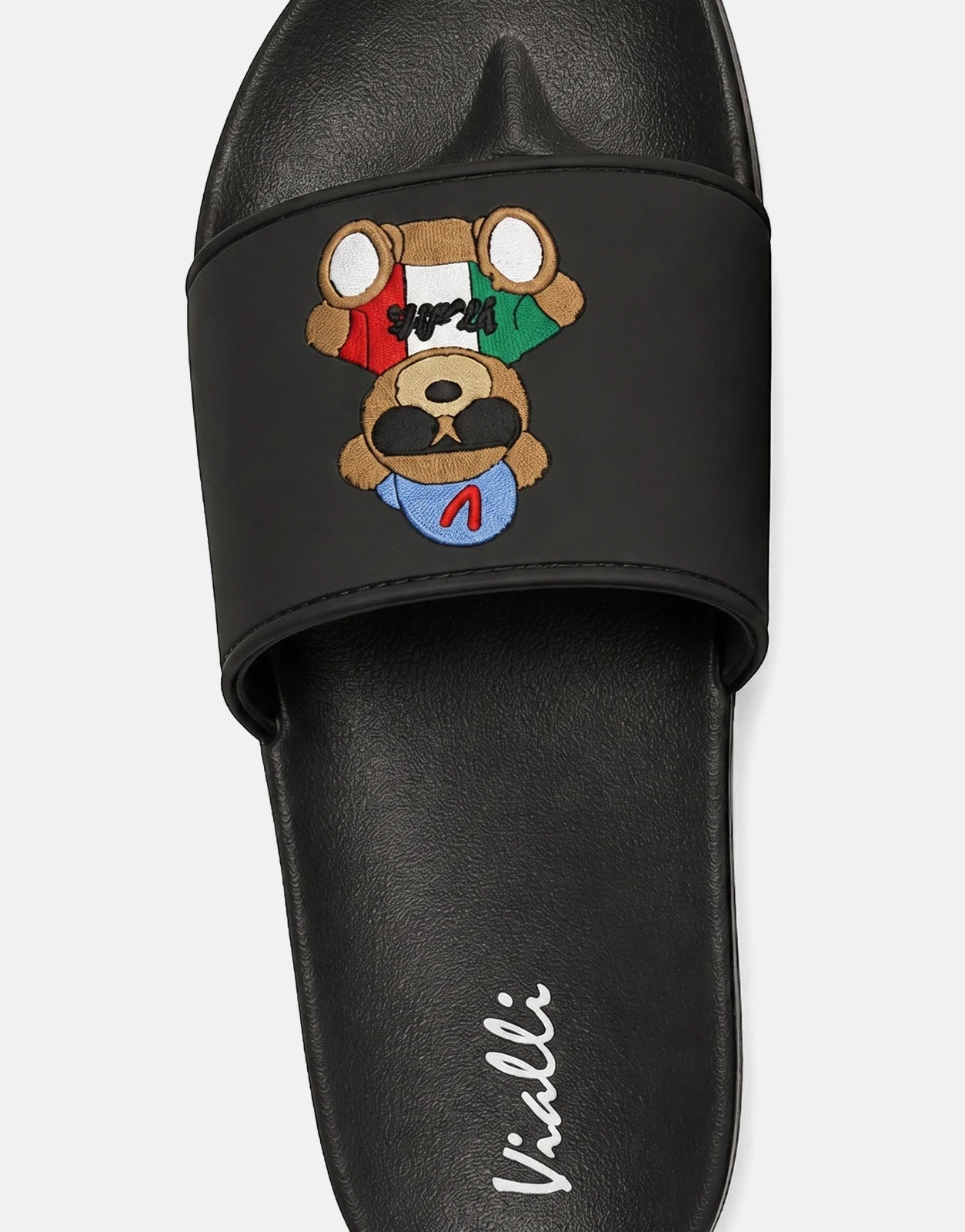 Vialli Yogi Black Sandals with embroidered bear logo and Italian flag scarf detail, seen from a top-down view.