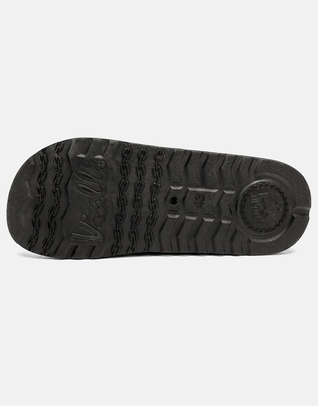 Vialli Yogi black sandals, featuring a detailed view of the durable rubber sole with branded text and unique chain-link
